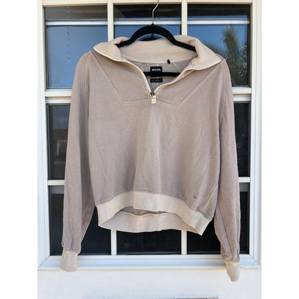 Prana Womens Quarter Zip French Terry Sweatshirt Taupe Cream Small Pullover Cozy
